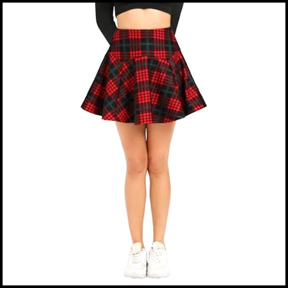 Stretchy Elastic Waist Plaid Flared Mini Skater Skirt for Fall Winter - Picture 3 of 4